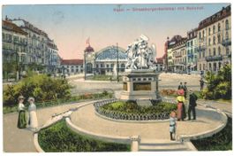 AK Basel Strassburgerdenkmal mit Bahnhof 1912