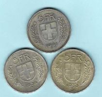 1939,1940+1950 Lot 3x 5 Franken Silber, vorz. (15981)