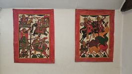 Antike Indische Stoffbilder handbemalt 2x