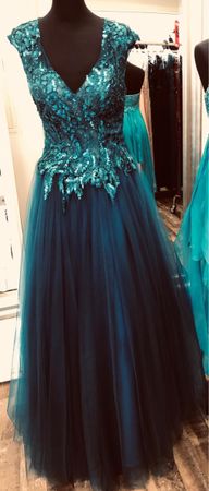 Abendkleid / Ballkleid Farbe Petrol Pailletten, Gr. 34 NEU 
