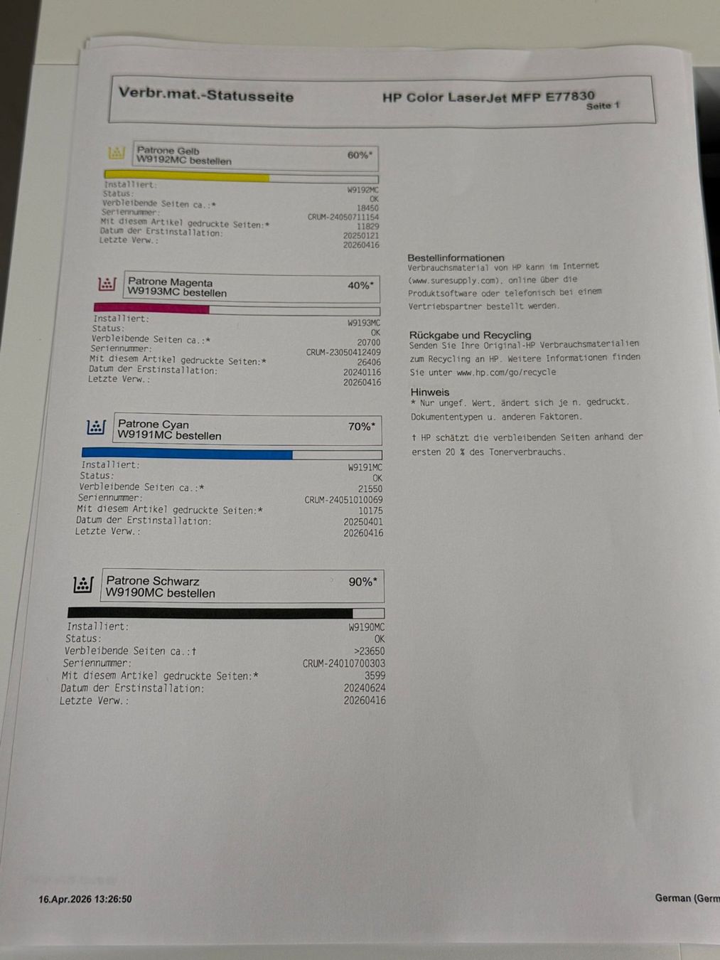 Hewlett Packard Stampanti: HP Color LaserJet MFP E77830 –A3, Farb Multifunktionsdrucker – Usato da Dottikon venduto da refurbished-IT 3