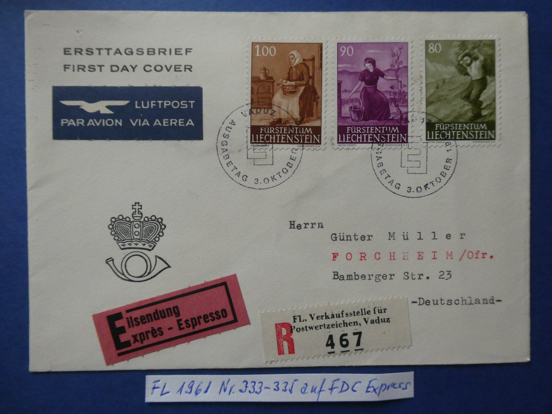 Alle Briefmarken: FL 1961 Nr. 333-335 FDC Express – Gebraucht aus Lausen von Herbamare01