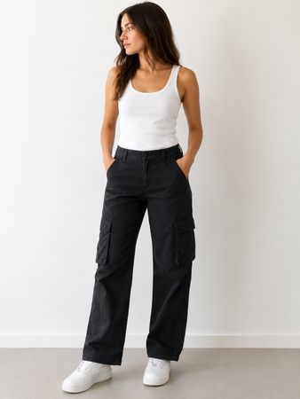 H&M Cargo Hose Schwarz Wide Leg Utility Chic Gr.44