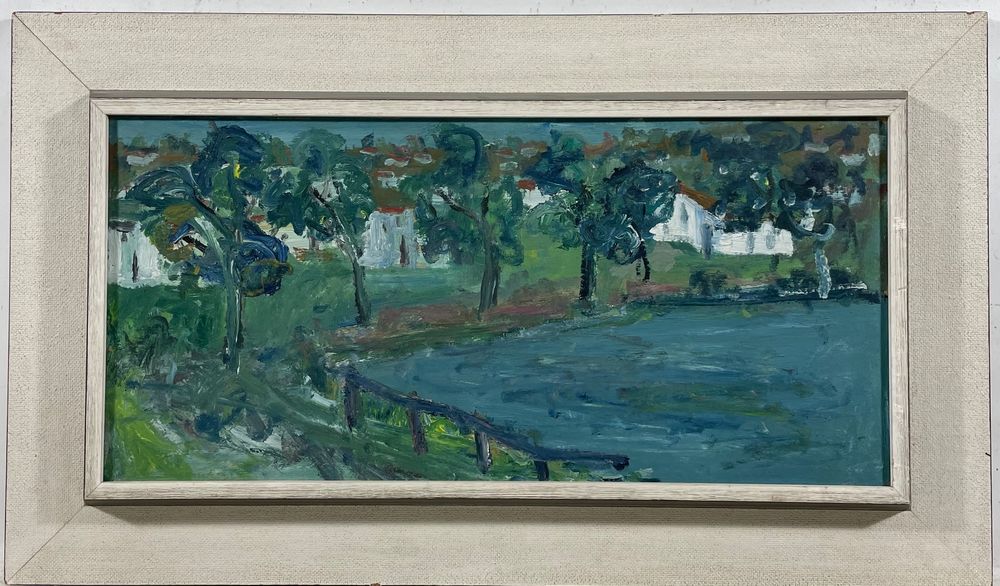 Landschaft Duschvorhang – Frühling, Rosa Blumen & Pavillon Am See | 178 X 178 Cm, Mit 12 Haken | 100% Polyester