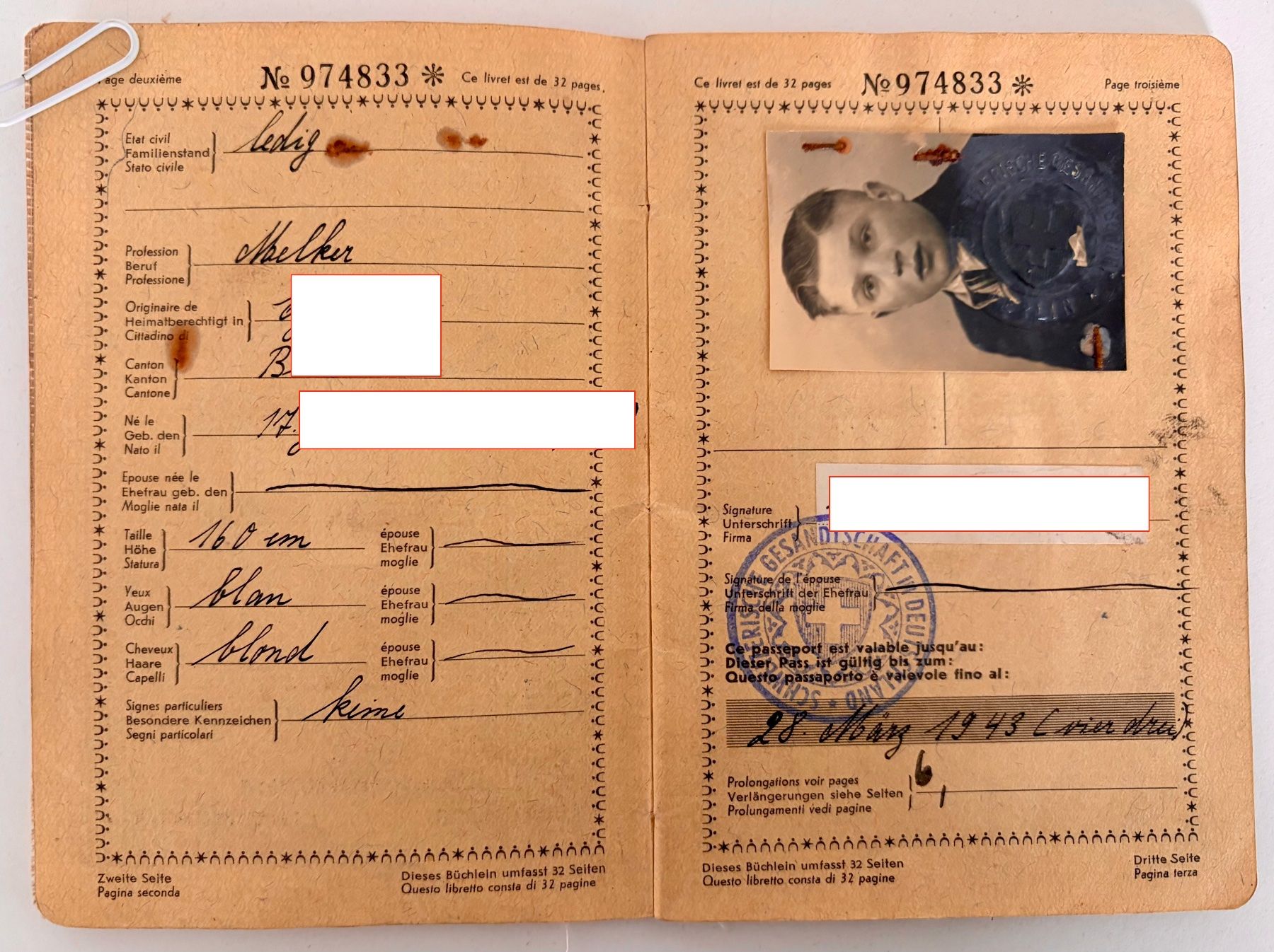 Documenti: Schweizer Pass / Reisepass 1940 - 1946  WW2 – Usato da Safenwil venduto da gemeinsamX 2