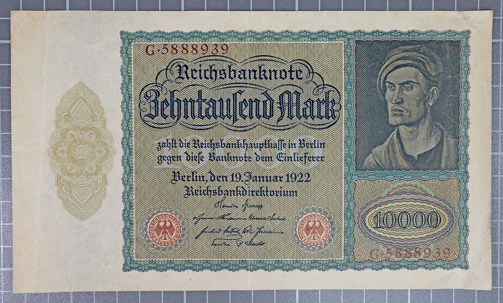 3 Reichsbanknoten 10.000 Mark – 1. Ausgabe 19.01.1922, Pick 70–72, Hochwertige Reproduktion