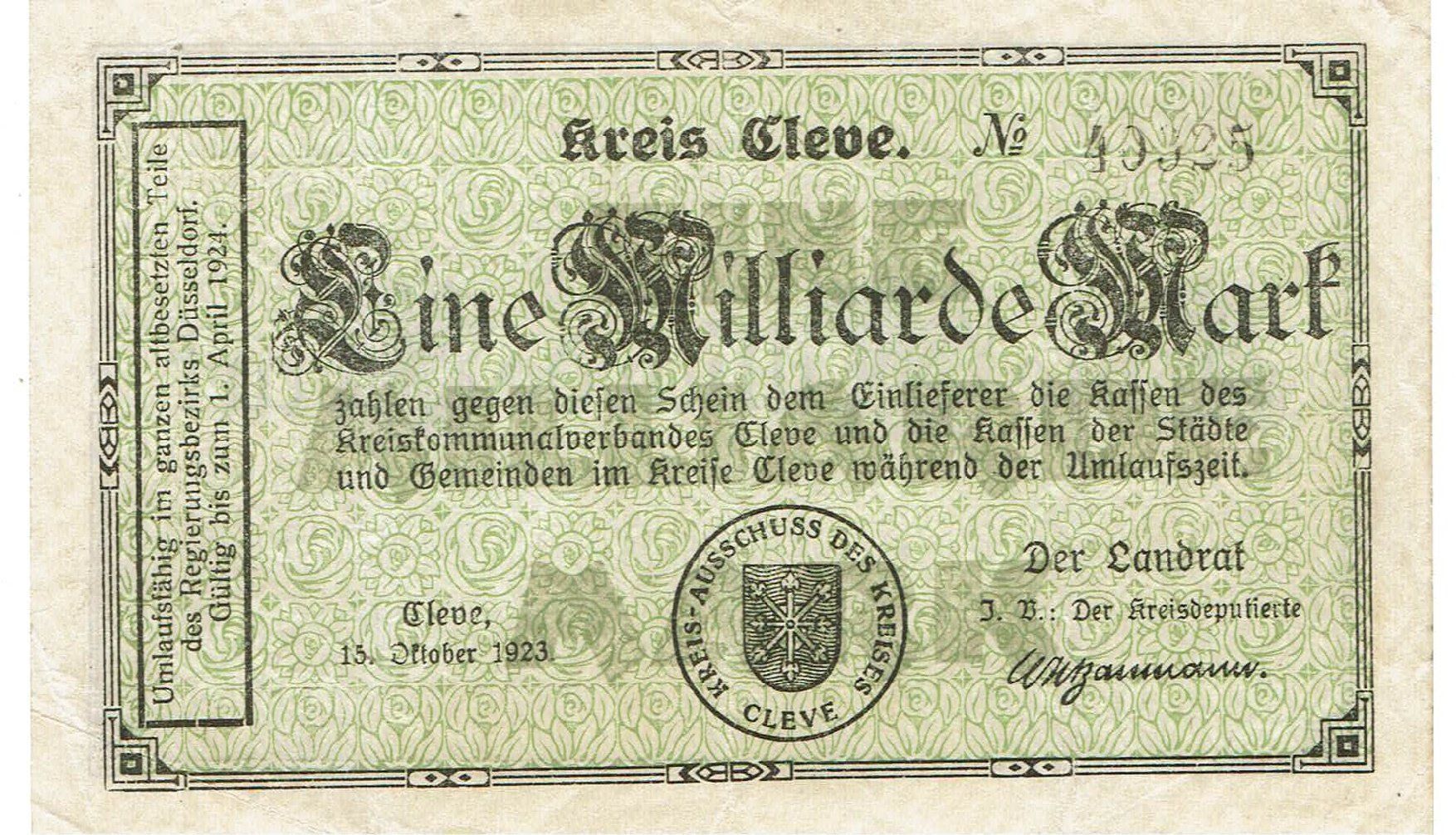 Banconote: Cleve 1 Mrd.Mark +Stempel 13.10.1923 SS++-VZ – Usato da Steffisburg venduto da ber_8htf