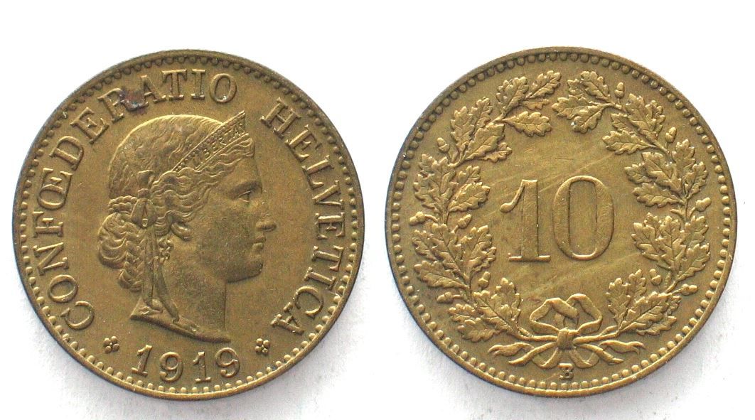 Tutti le monete: CH 10 Rappen 1919 Messing f.unz RAR!!! – Usato da Riehen venduto da sesambestcoins2004