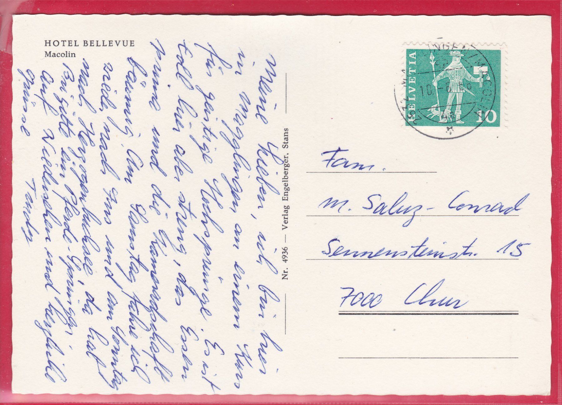 Cartoline postali: MACOLIN, HOTEL BELLEVUE, 10.6.1968 – Usato da Oberrieden venduto da Gebirgsstelze 1