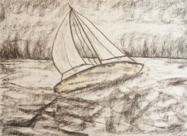 Kohle Zeichnung: Segelboot im Sturm