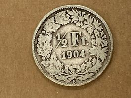 SVIZZERA 1/2  FR MONETA IN ARGENTO 1904 usata - circolata