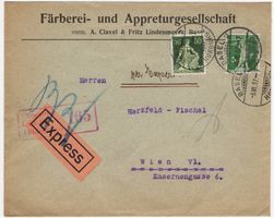 Express Beleg mit Helvetia m.S. und Tellknabe MiF nach WIEN