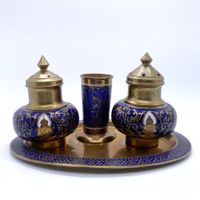 Asiatisches Gewürzset aus Messing mit blauer Emaille, Siam