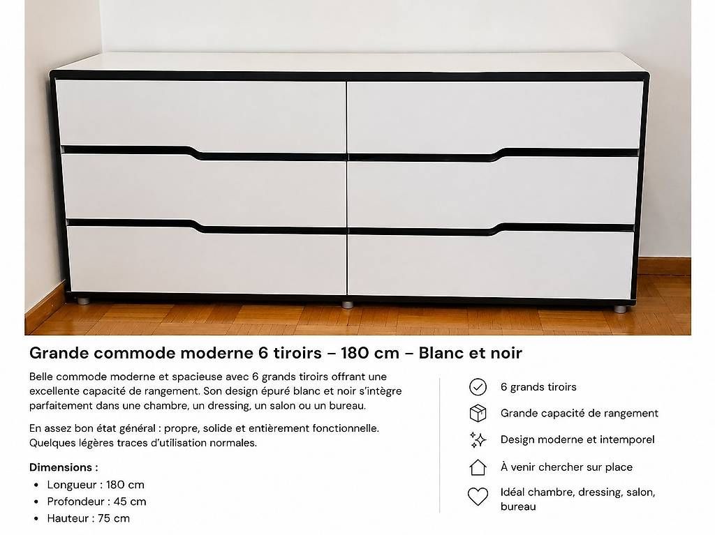 Conforama Cassettiere: Grande commode moderne blanc/noir  155 cm CHF 60,- – Usato da Geneve venduto da Point-Boutique 1