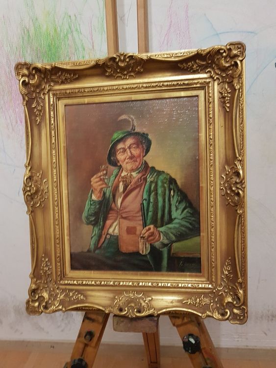 Gemälde " Mann mit Hut" goldfarbener Bilderrahmen Kaufen auf Ricardo