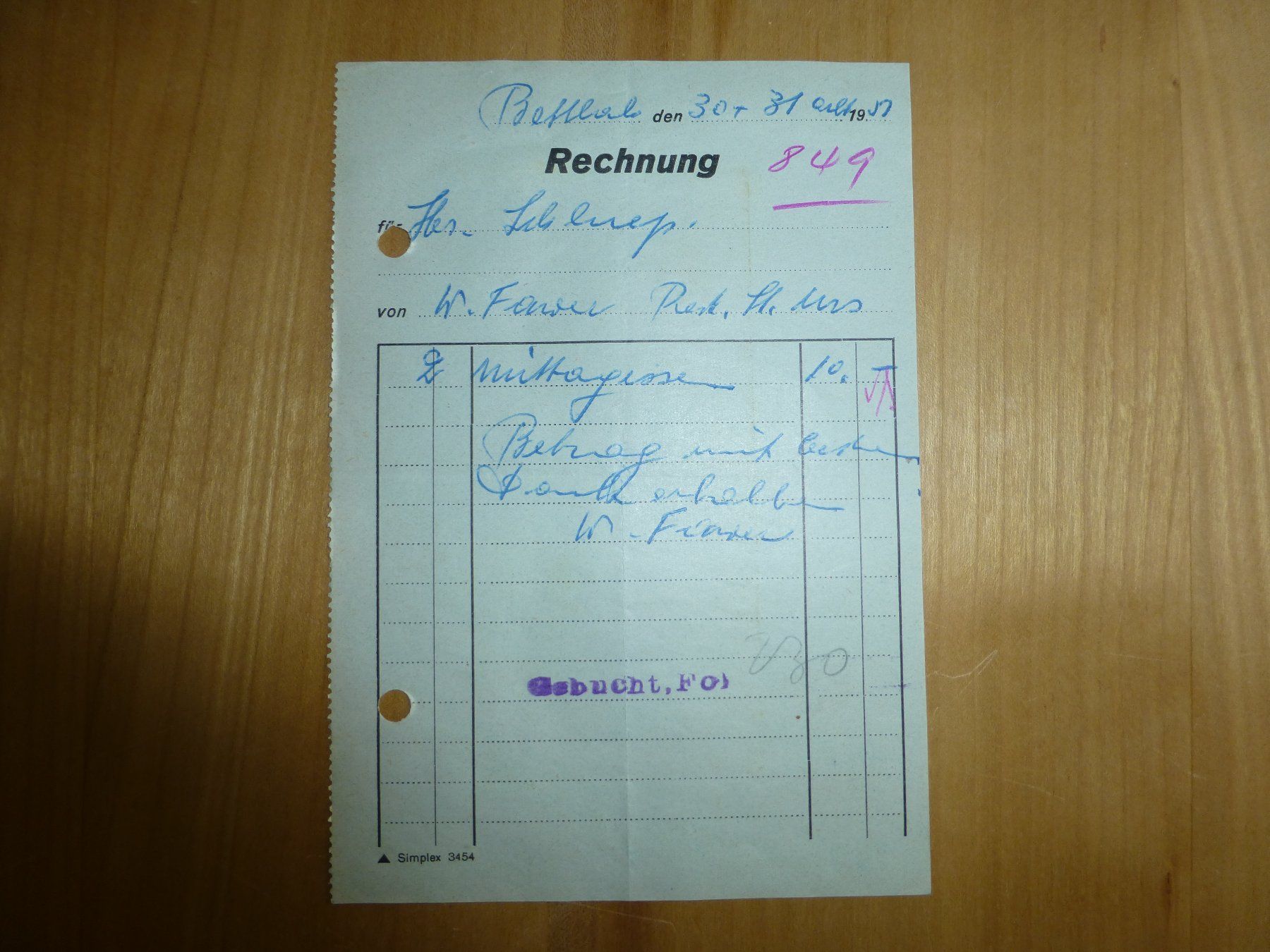 Poster & Bilder: Bettlach, Rest. St. Urs Rechnung 1951 – Gebraucht aus Bettlach von 1saurer