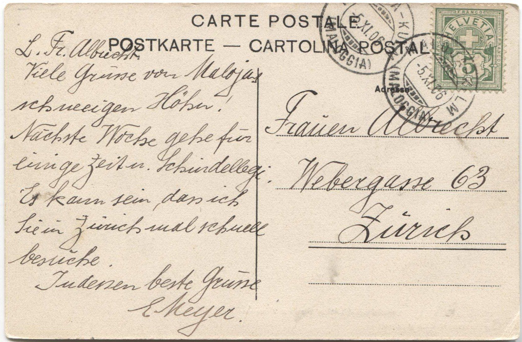 Cartoline postali: MALOJA GR 1906 mit Postkutsche/Postschlitten – Usato da Rothrist venduto da Clanx 2