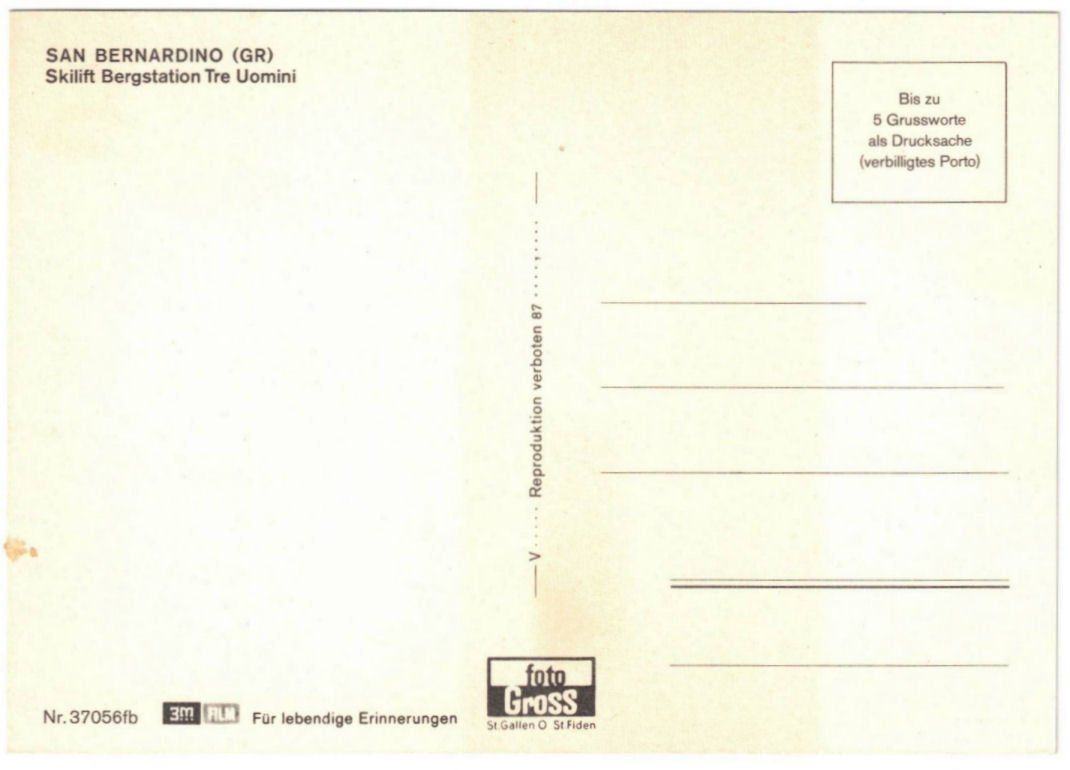 Cartoline postali: San Bernardino - Skilift Tre Uomini – Usato da Binningen venduto da Mountainrider 1