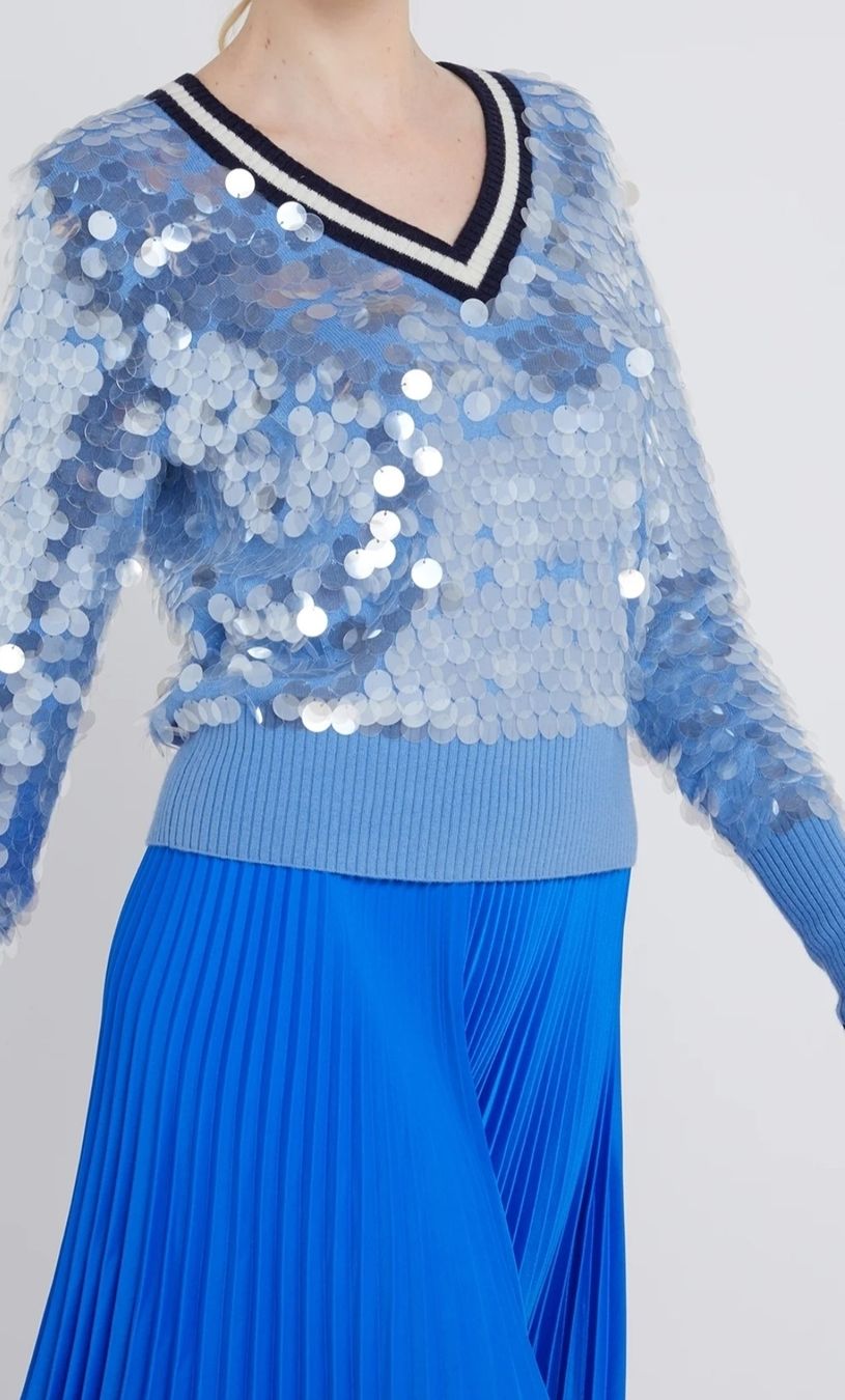 Maglioni & Felpe: ESCADA  Glitzer-Pullover, Himmelblau, V-Ausschnitt – Nuovo (secondo la descrizione) da Uster venduto da kgw78 2