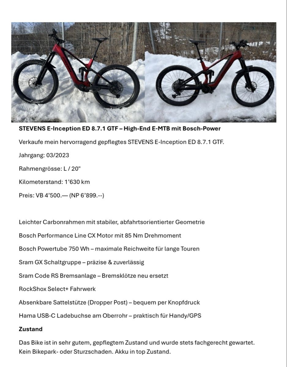 Stevens Biciclette: STEVENS E-Inception ED 8.7.1 GTF - High-End E-MTB Gr L – Usato da Bellikon venduto da Arve 1