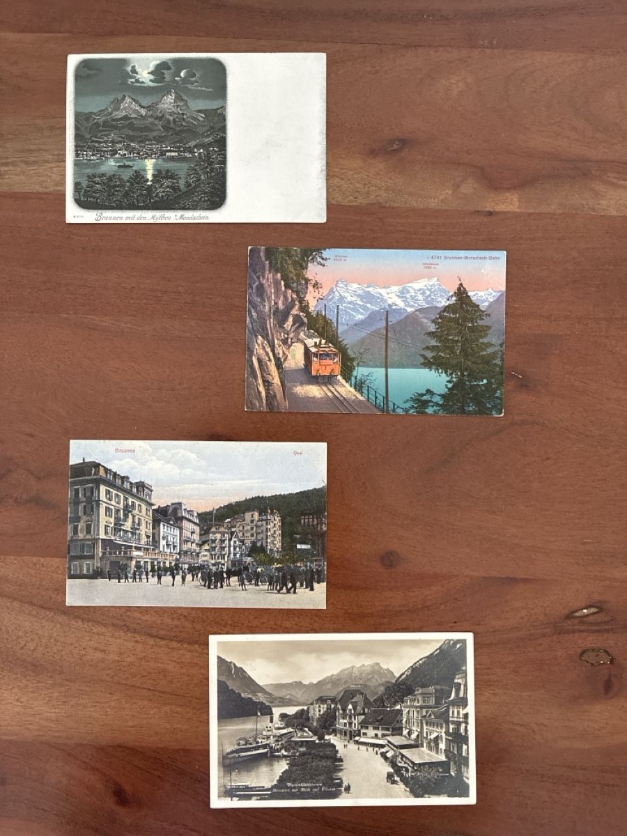 Cartoline postali: 4 Ansichtskarten Schweiz von Brunnen SZ – Usato da Oftringen venduto da Cla.vD.74