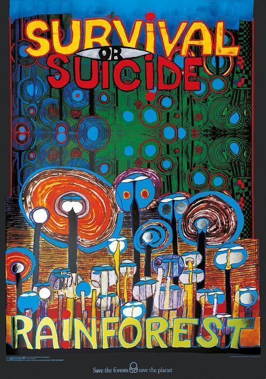 Poster & Bilder: Hundertwasser "Survival or Suicide Rainforest" 1990 gerahmt – Gebraucht aus Thun von Pemoya