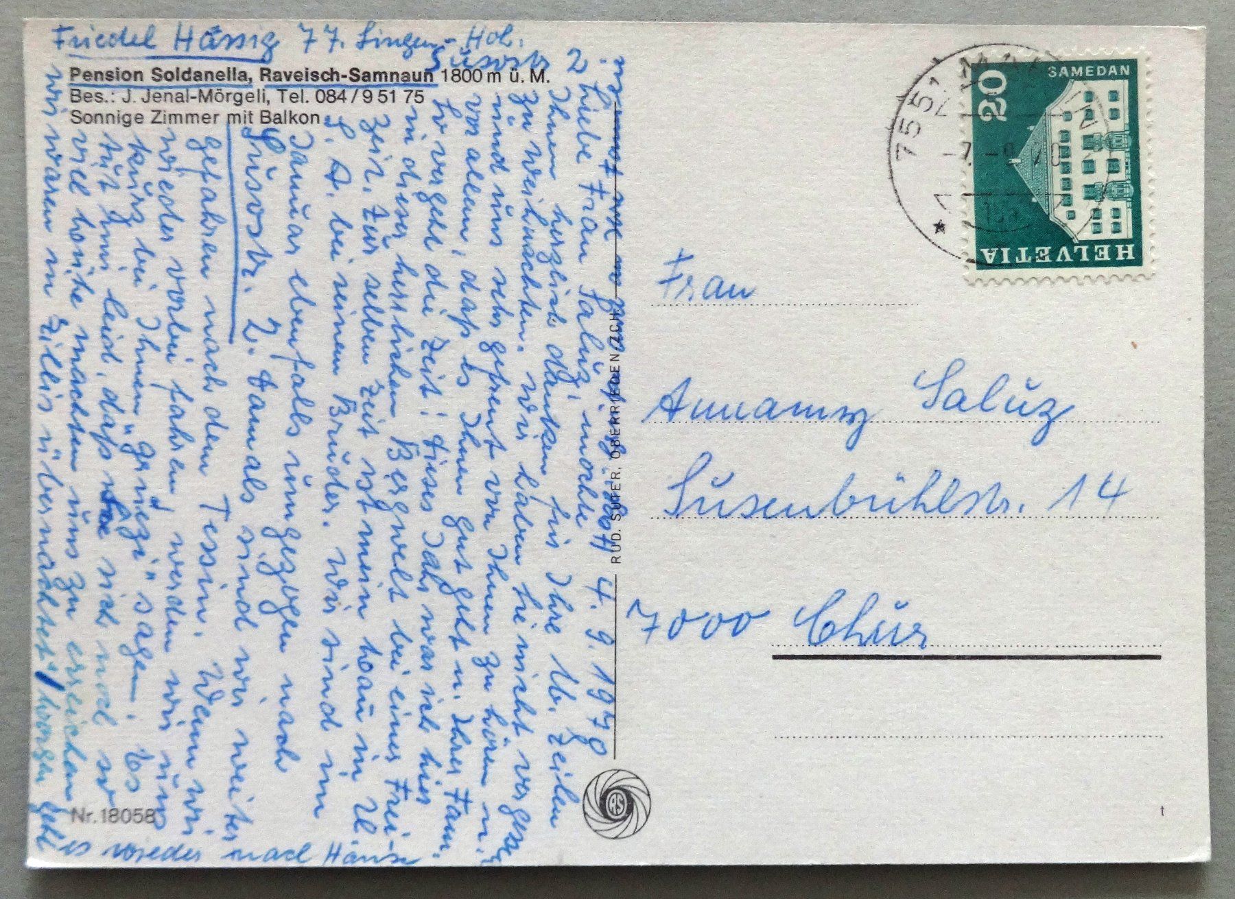 Cartoline postali: Pension Soldanella, Raveisch-Samnaun – Usato da Fétigny venduto da Billy2miny 1