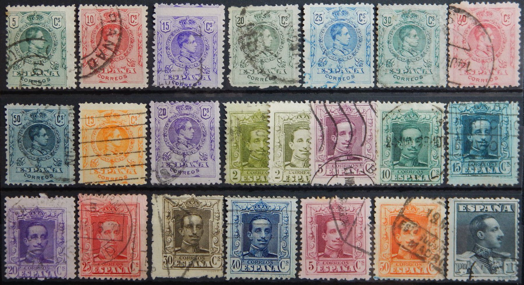 Tutti i francobolli: Spanien ex. Kat. 232-294 gest. 1909/24 – Usato da Zürich venduto da Muehlekauf
