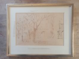 Bleistiftzeichnung Gartenwirtschaft in der Altstadt 40 x 31