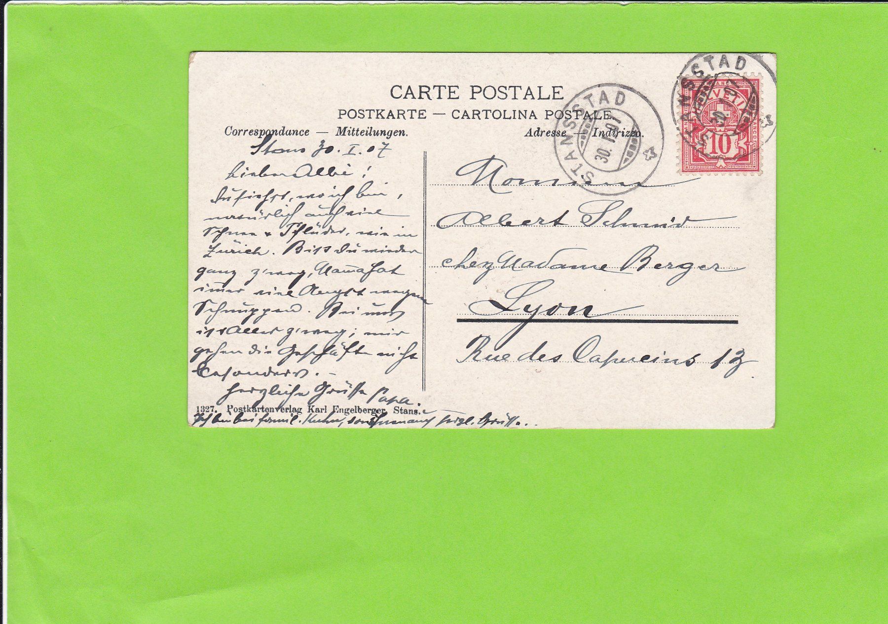 Ansichtskarten: Stansstad und Pilatus--1907 versendet – Gebraucht aus St. Peterzell von neckertal 1