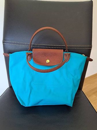 Longchamp Le Pliage S türkis mit braunen Ledergriffen