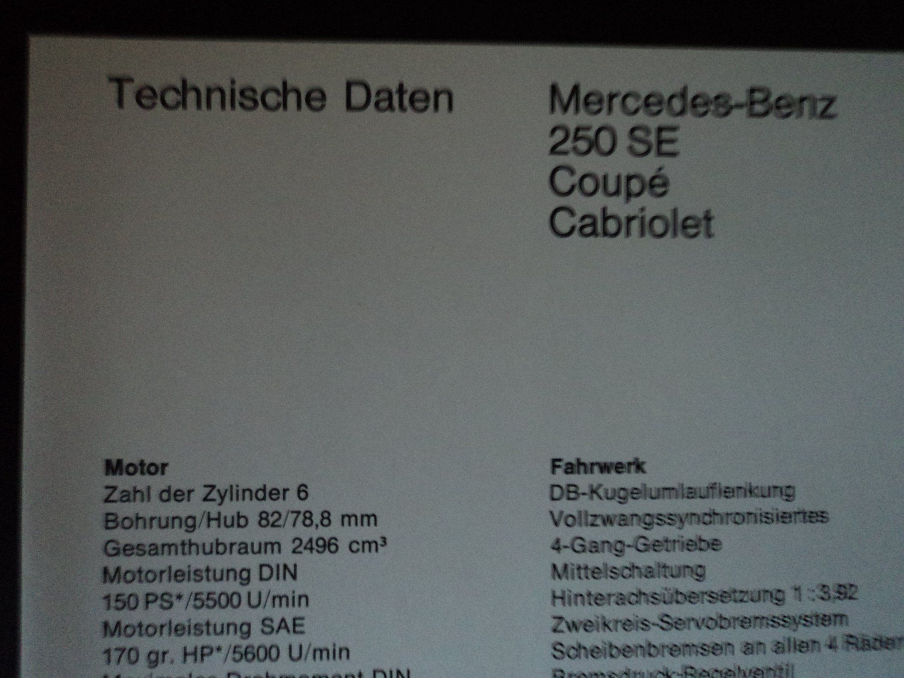 Mercedes-Benz Documenti: Prospekt Tech Daten Mercedes-Benz 250SE 1960er – Usato da Schwarzenburg venduto da modelCARama 1