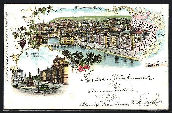 Cartoline postali: Litho Zürich, Escherdenkmal mit Bahnhof – Usato da Berlin venduto da bartko-reher