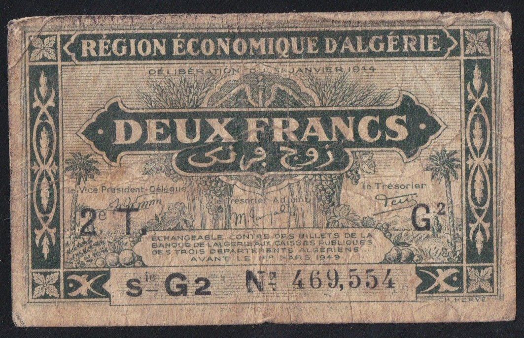 Banconote: Algerien 2 Francs 1944 – Usato da Brugg AG venduto da banknoten_muesli