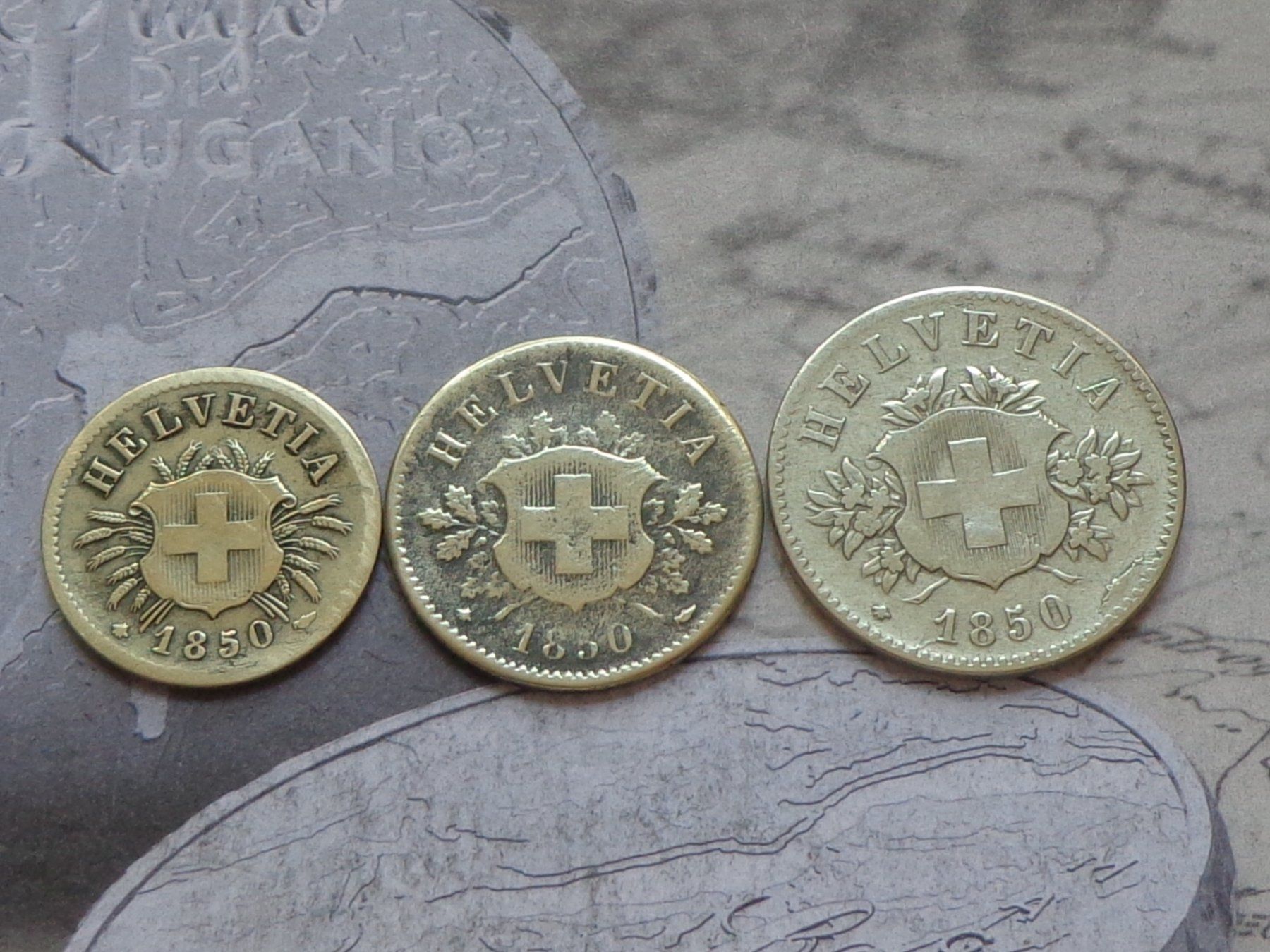 Tutti le monete: 3 pièces : 5 cts -10 cts - 20 cts 1850 - billon – Usato da Pully venduto da UCA01