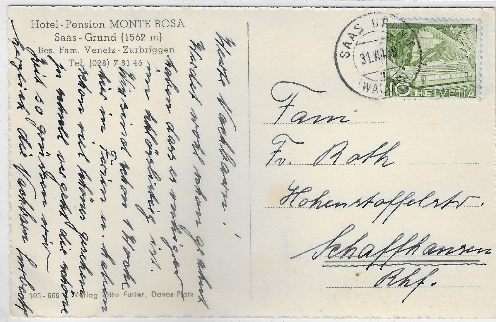 Cartoline postali: Hotel-Pension Monte Rosa - Saas-Grund – Usato da Ettingen venduto da Kartenplanet 1