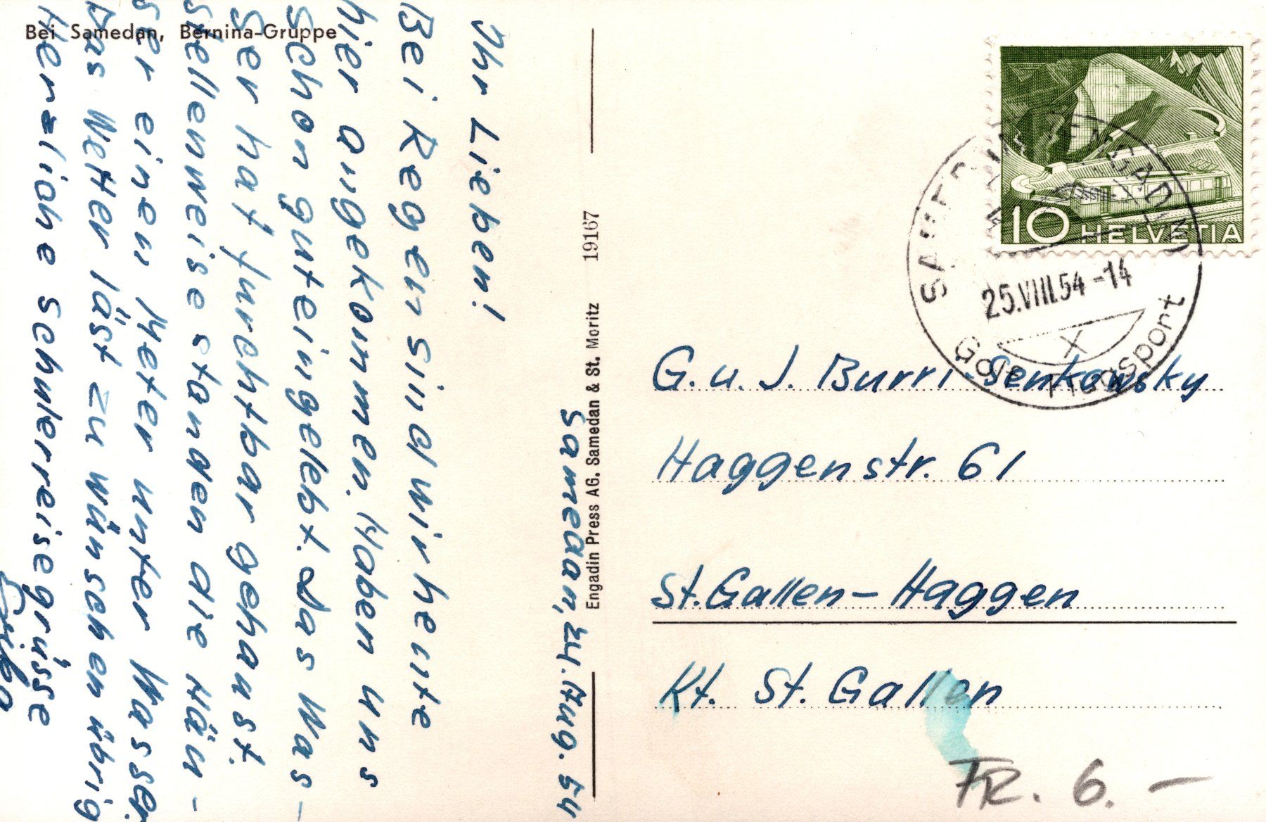 Cartoline postali: 0100 - Postkarte / Ansichtskarte - Samedan Bernina Gruppe – Usato da Reinach BL venduto da Boston-Verkauf 1