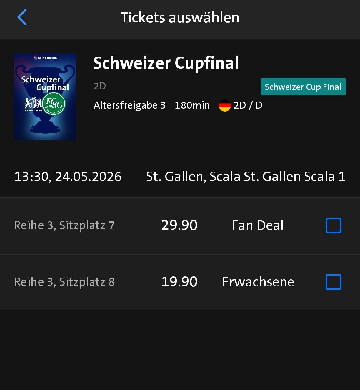 Biglietti: Tickets 2 x Cupfinal im Kino Scala SG – Nuovo e nell'imballaggio originale da Goldach venduto da Pottwal6811