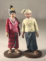 Figurines Birmanes Vintage Couple Traditionnel Rakhine