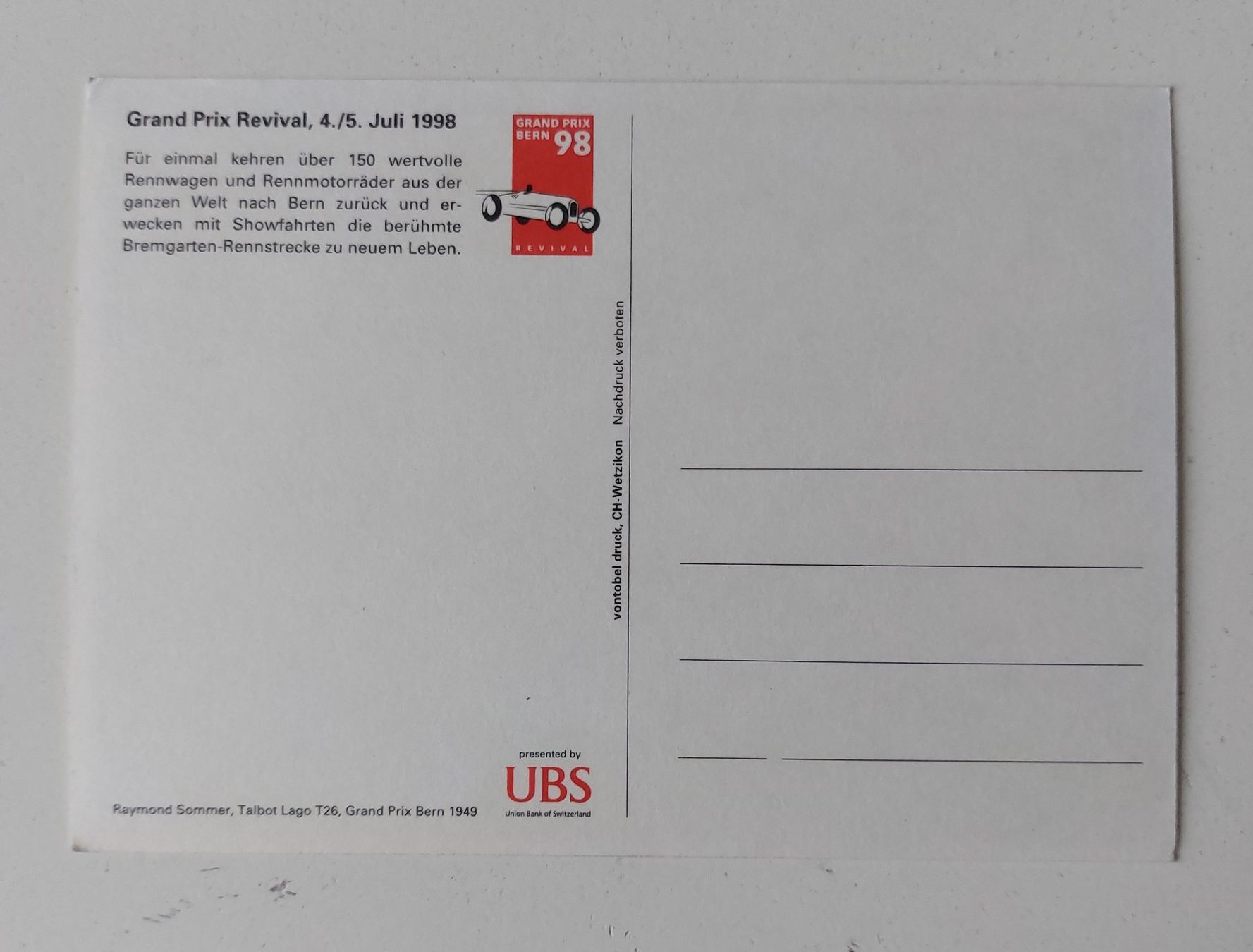 Cartoline postali: AK Ansichtskarte Grand Prix Bern Talbot GP Bern Suisse – Usato da Schenkon venduto da TG10 1