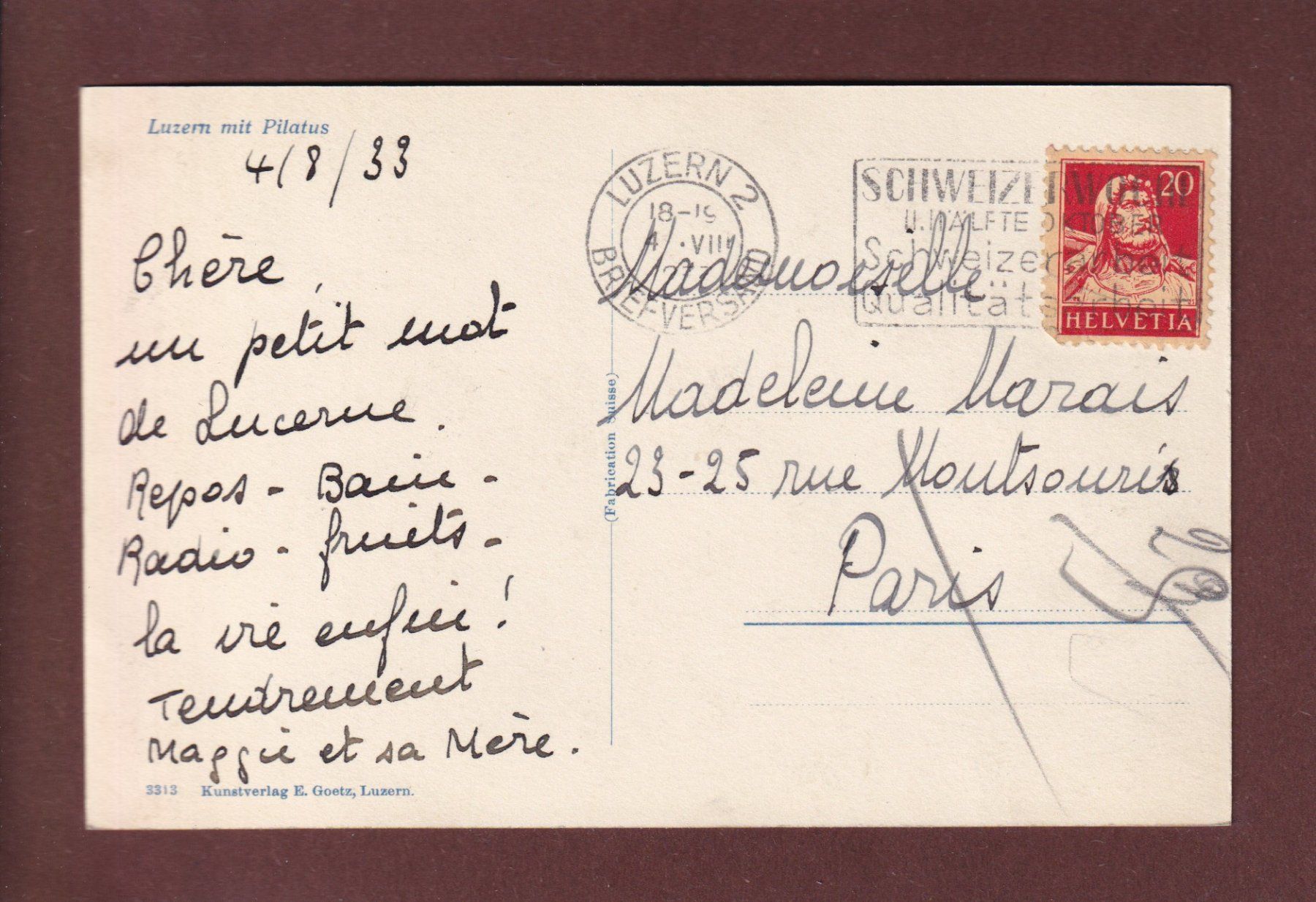 Cartoline postali: LUZERN - Schiff - Pilatus - 1933 – Usato da Pully venduto da nicecards 1