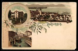 Lithographie Roschach, Ortsansicht, Villa Seefeld, Hafen