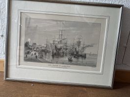 Stahlstich Hafen Hamburg gerahmt guter Zustand antik