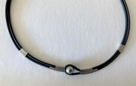 Collier, perle Tahiti, acier, caoutchouc / Halskette