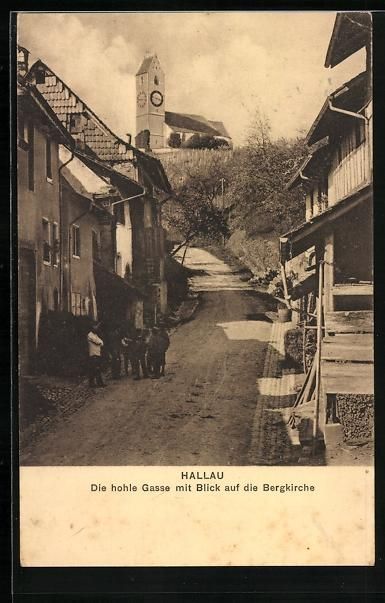 Cartoline postali: Hallau, Strasse hohle Gasse mit Blick au – Usato da Berlin venduto da bartko-reher