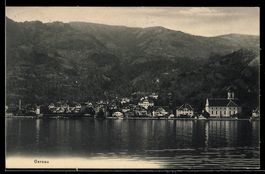 AK Gersau, Ortsansicht am See mit Kirche und Bergen
