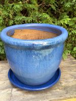 Blumentopf blau glasiert Ø  39 cm/Untersetzer, gebraucht