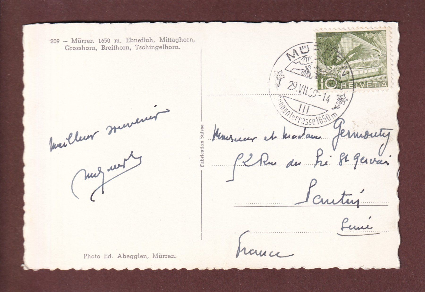 Cartoline postali: MÜRREN - Ebnefluh - 1959 – Usato da Pully venduto da nicecards 1