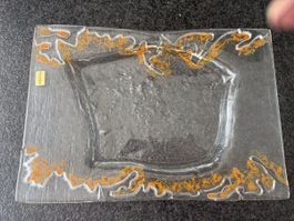 Glas Schale rechteckig Handarbeit orange weiss dekor