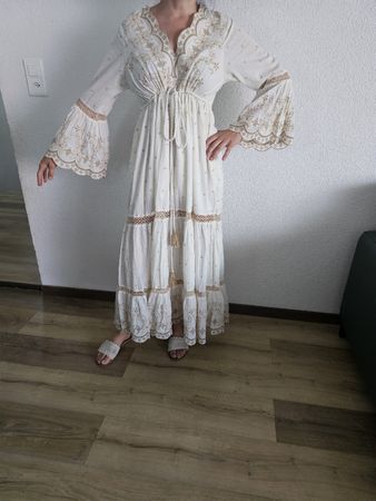 Boho Sommer Maxikleid mit Stickerei, Fransen, Grösse free si